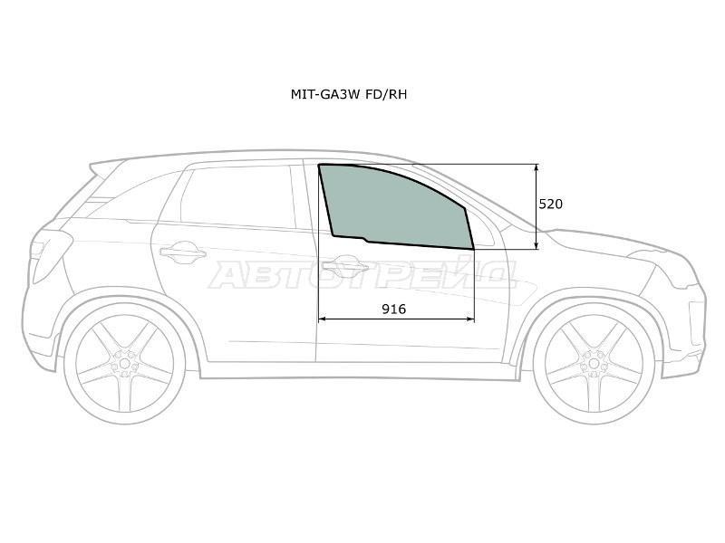 Стекло боковое опускное (Спереди / Справа / Цвет зеленый) Mitsubishi ASX 10-  / Citroen C4 Aircross 12-16  / Mitsubishi RVR 10-  / Peugeot 4008 12-15 (XYG: MIT-GA3W FD/RH)