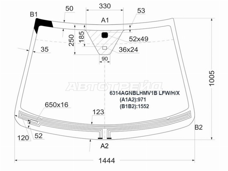 Стекло лобовое (Обогрев щеток / Датчик дождя) Chevrolet Captiva 06-15  / Opel Antara 06-15  / Daewoo Winstorm 06-10  / Saturn Vue 07-10 (XYG: 6314AGNBLHMV1B LFW/H/X)