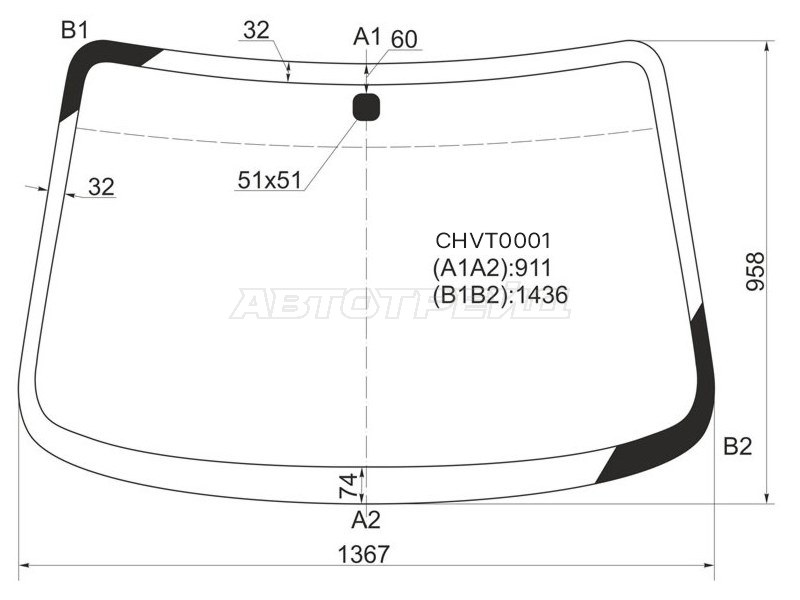 Стекло лобовое Chevrolet Aveo 02-08  / Kalos 03-08  / Daewoo Kalos 02-08 (KMK: CHVT0001)