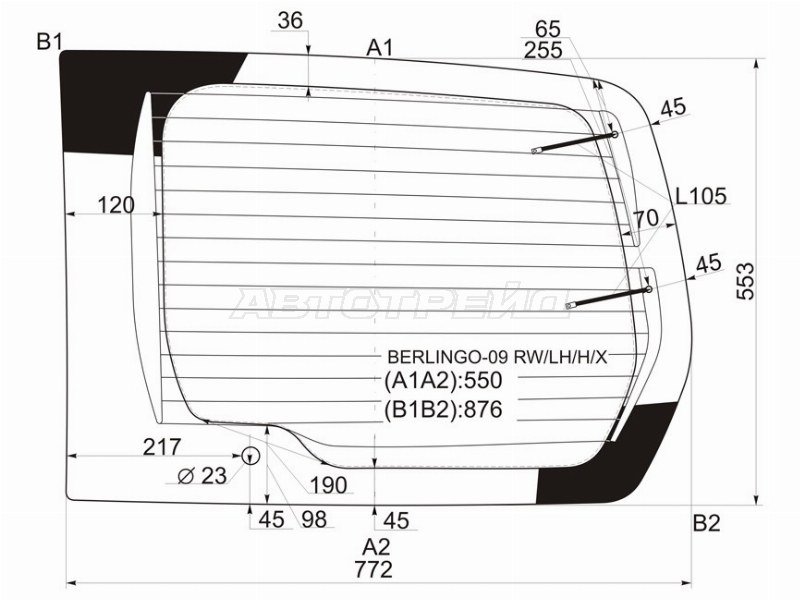 Стекло заднее (Цвет зеленый / Обогрев) Citroen Berlingo 08-22  / Peugeot Partner 08-15  / Partner Tepee 08-18 (XYG: BERLINGO-09 RW/LH/H/X)