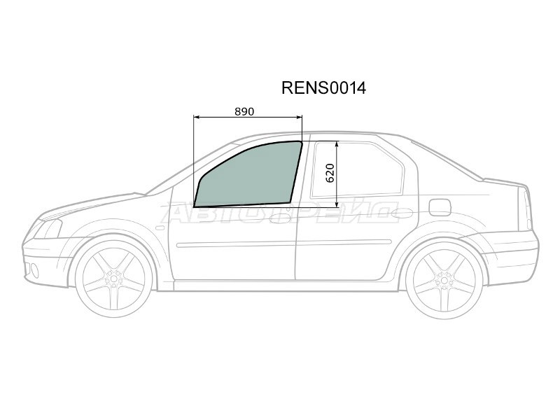 Стекло боковое опускное (Спереди / Слева / Цвет зеленый) Renault Logan 04-16  / Dacia Logan 04-08  / Logan Mcv 08-12  / LADA Largus 12-  / Largus Cross 14-22 (KMK: RENS0014)