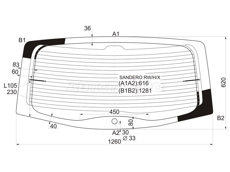 Стекло заднее (Цвет зеленый / Обогрев) Renault Sandero 09-14  / Dacia Sandero 08-12  / Renault Sandero Stepway 10-14 (XYG: SANDERO RW/H/X)