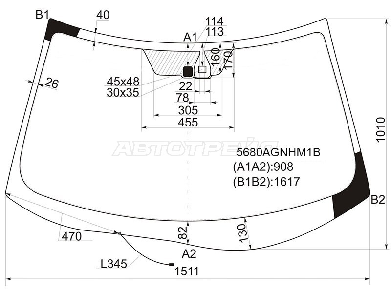 Стекло лобовое (Обогрев щеток / Датчик дождя) Mitsubishi Outlander 05-12  / Citroen C-Crosser 07-12  / Peugeot 4007 07-14 (AGC: 5680AGNHM1B)