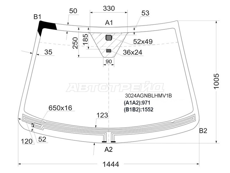 Стекло лобовое (Обогрев щеток / Датчик дождя) Chevrolet Captiva 06-15  / Opel Antara 06-15  / Daewoo Winstorm 06-10  / Saturn Vue 07-10 (FUYAO: 3024AGNBLHMV1B)