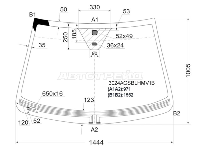 Стекло лобовое (Обогрев щеток / Датчик дождя) Chevrolet Captiva 06-15  / Opel Antara 06-15  / Daewoo Winstorm 06-10  / Saturn Vue 07-10 (PILKINGTON: 3024AGSBLHMV1B)