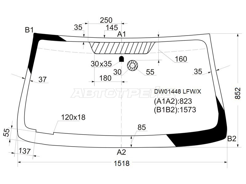 Стекло лобовое (Датчик дождя) Chevrolet TrailBlazer 01-10  / GMC Envoy 02-08  / Isuzu Ascender 03-09 (XYG: DW01448 LFW/X)