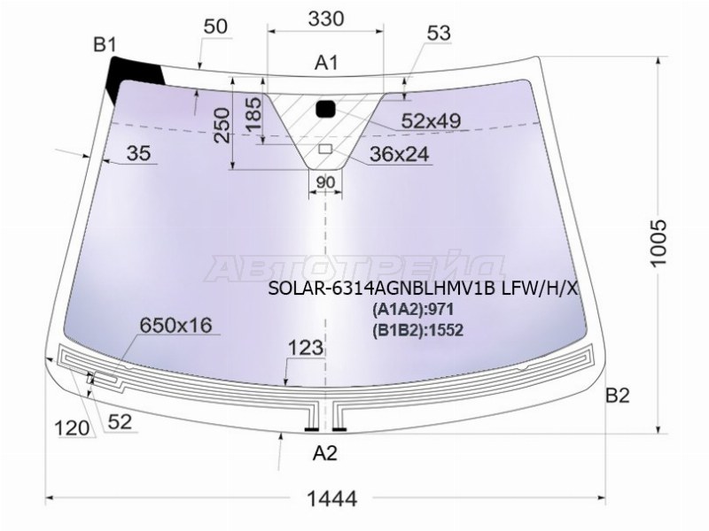Стекло лобовое (Атермальное / Обогрев щеток / Датчик дождя) Chevrolet Captiva 06-15  / Opel Antara 06-15  / Daewoo Winstorm 06-10  / Saturn Vue 07-10 (XYG: SOLAR-6314AGNBLHMV1B LFW/H/X)