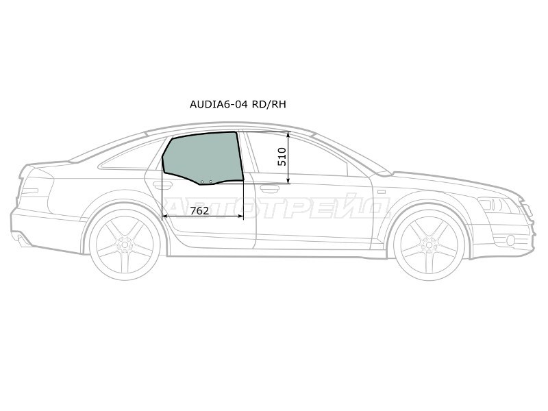 Стекло боковое опускное (Сзади / Справа / Цвет зеленый) Audi A6 04-10  / RS6 08-10  / S6 06-11 (XYG: AUDIA6-04 RD/RH)
