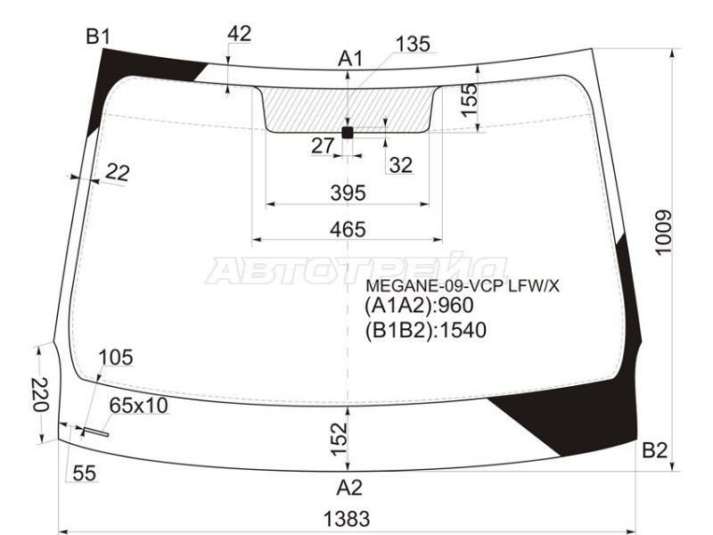 Стекло лобовое Renault Fluence 09-17  / Megane 08-16 (XYG: MEGANE-09-VCP LFW/X)