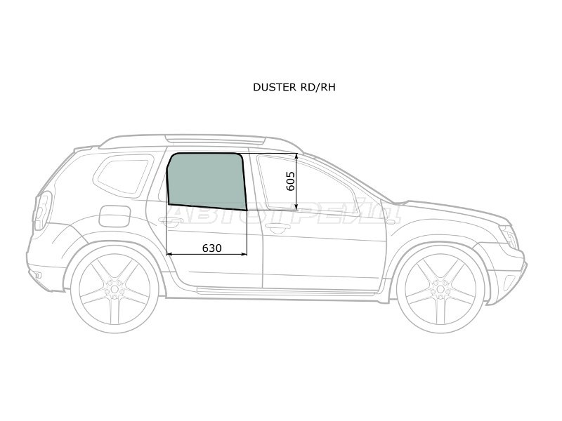Стекло боковое опускное (Сзади / Справа / Цвет зеленый) Nissan Terrano 14-22  / Renault Duster 10-21  / Dacia Duster 10-17 (XYG: DUSTER RD/RH)