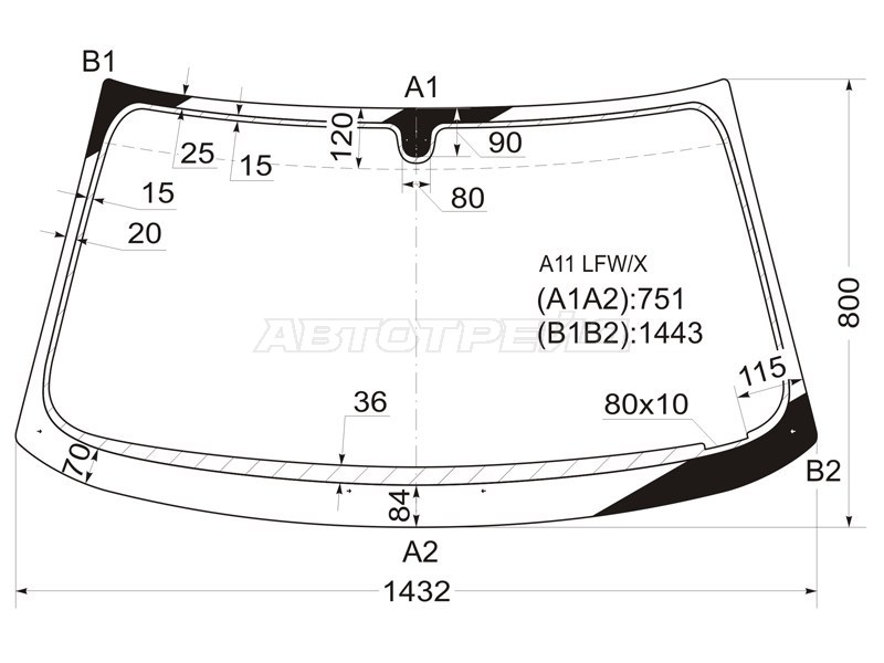 Стекло лобовое Chery Amulet A15 03-12  / SEAT Toledo 91-99 (XYG: A11 LFW/X)