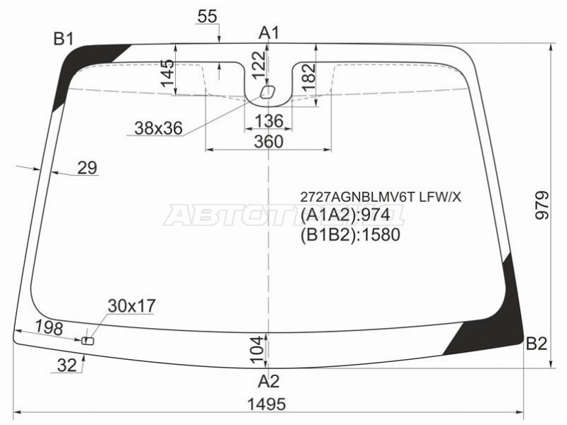 Стекло лобовое (Датчик дождя / Ромбовидный датчик дождя) Citroen C5 04-08 (XYG: 2727AGNBLMV6T LFW/X)