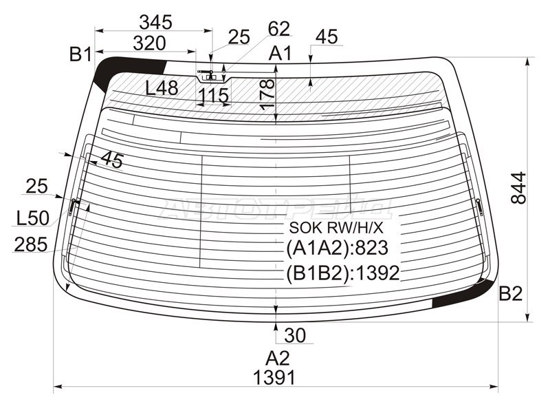 Стекло заднее (Цвет зеленый / Обогрев / Антенна) Acura TL 98-01  / Honda Inspire 98-03  / Saber 98-03 (XYG: SOK RW/H/X)