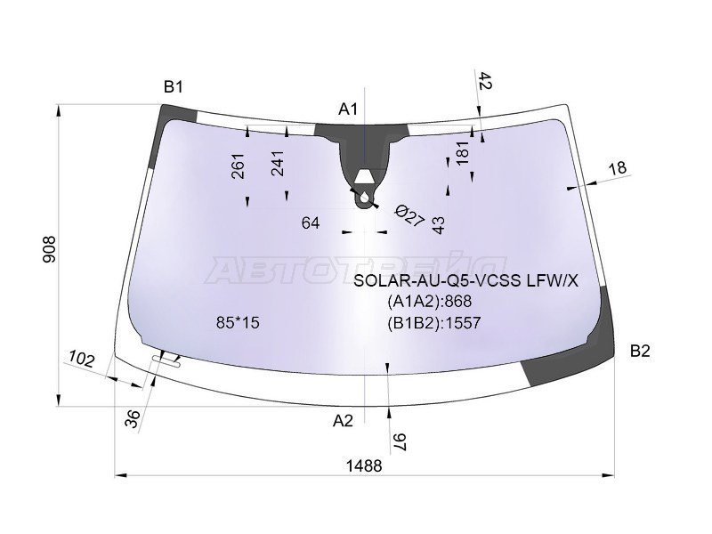 Стекло лобовое (Атермальное / Камера / Датчик дождя / Молдинг) Audi Q5 08-12 (XYG: SOLAR-AU-Q5-VCSS LFW/X)
