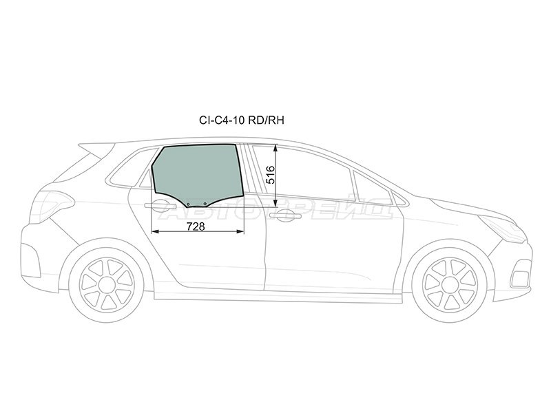 Стекло боковое опускное (Сзади / Справа / Цвет зеленый) Citroen C4 04- (XYG: CI-C4-10 RD/RH)