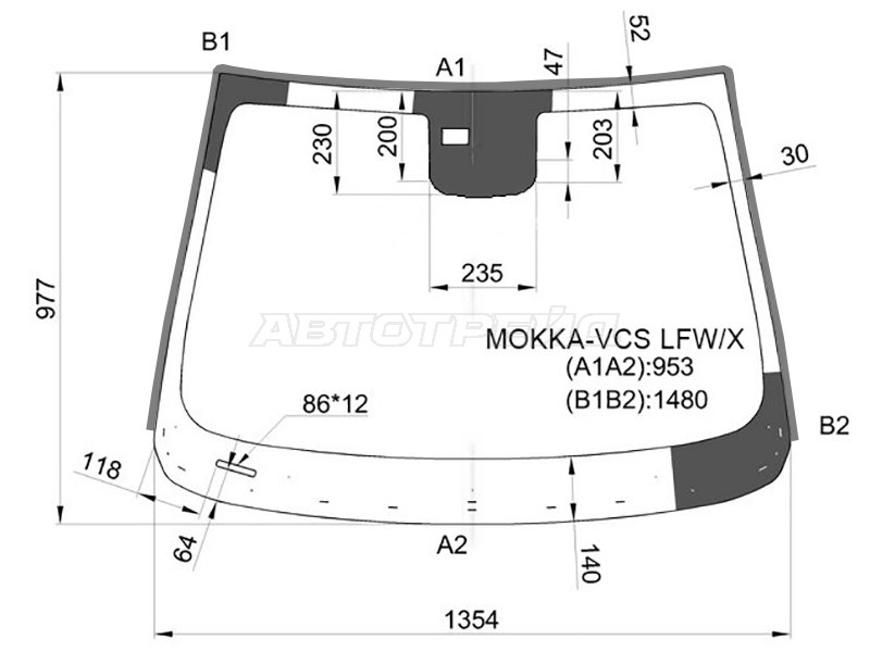 Стекло лобовое (Датчик дождя / Молдинг) Opel Mokka 12-19  / Buick Encore 12-  / Chevrolet Tracker 13-15 (XYG: MOKKA-VCS LFW/X)