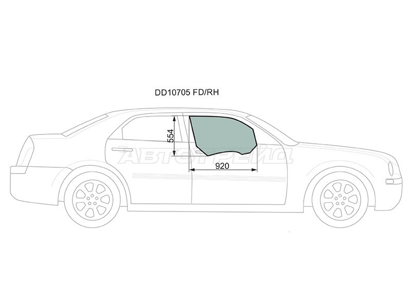 Стекло боковое опускное (Спереди / Справа / Цвет зеленый) Chrysler 300C 04-11  / Dodge Magnum 03-08 (XYG: DD10705 FD/RH)
