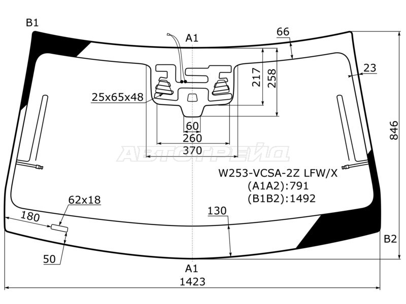 Стекло лобовое (Антенна / Две камеры / Датчик дождя) Mercedes-Benz GLC 14-19 (XYG: W253-VCSA-2Z LFW/X)