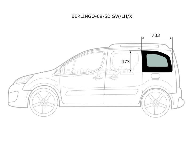 Стекло кузова боковое (не опускное) (Слева / Цвет зеленый) Citroen Berlingo 08-22  / Peugeot Partner 08-15  / Partner Origin 08-11  / Partner Tepee 08-18 (XYG: BERLINGO-09-5D SW/LH/X)