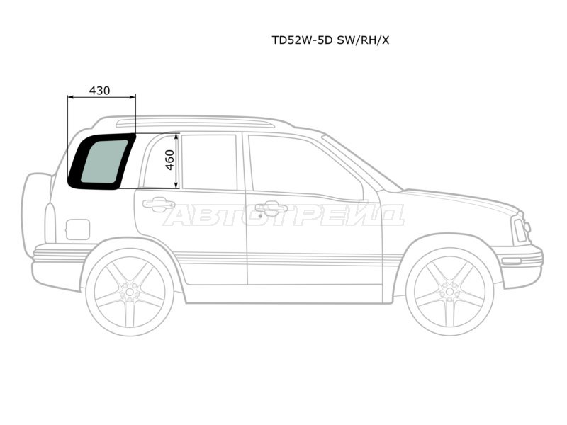 Стекло кузова боковое (не опускное) (Справа / Цвет зеленый) Suzuki Escudo 97-05  / Grand Vitara 97-05  / Chevrolet Tracker 97-05  / Mazda Proceed Levante 98-99  / Suzuki Grand Escudo 00-05  / Grand Vitara XL-7 01-06 (XYG: TD52W-5D SW/RH/X)