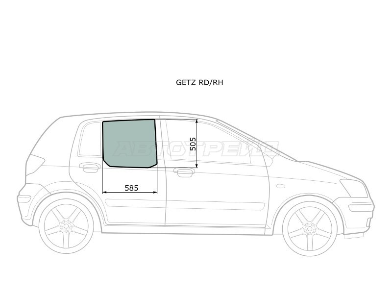 Стекло боковое опускное (Сзади / Справа / Цвет зеленый) Hyundai Getz 02-11  / Click 02-11 (XYG: GETZ RD/RH)