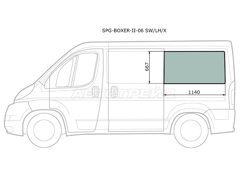 Стекло кузова боковое (не опускное) (Слева / Цвет зеленый) Peugeot Boxer 06-  / Citroen Jumper 06-  / Fiat Ducato 06- (SAT: SPG-BOXER-II-06 SW/LH/X)