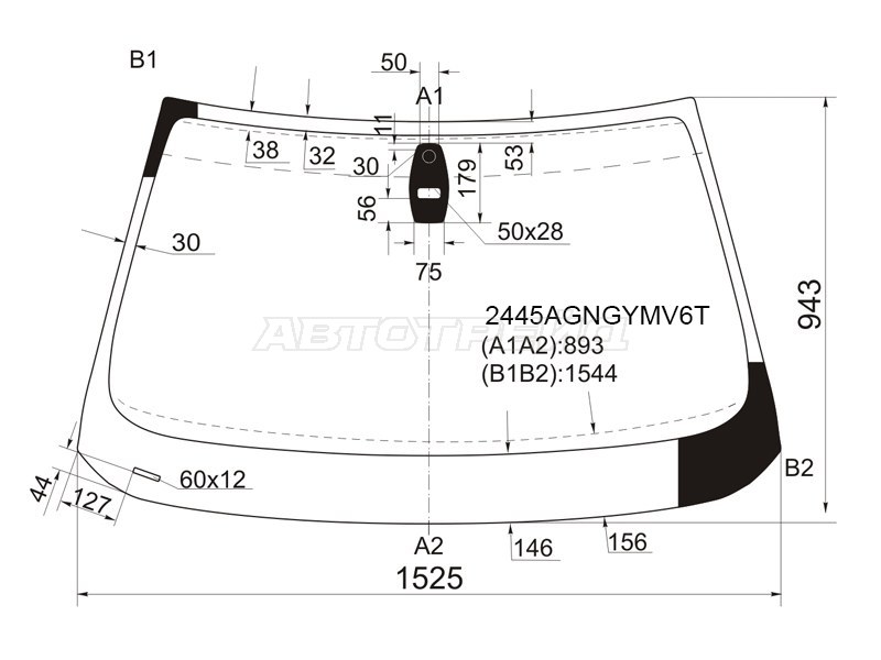 Стекло лобовое (Датчик дождя / Прямоугольный датчик дождя) BMW 5-Series 03-07 (FUYAO: 2445AGNGNMV)