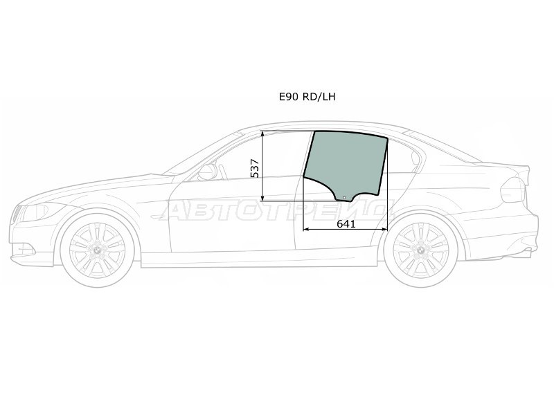 Стекло боковое опускное (Сзади / Слева / Цвет зеленый) BMW 3-Series 05-14 (XYG: E90 RD/LH)