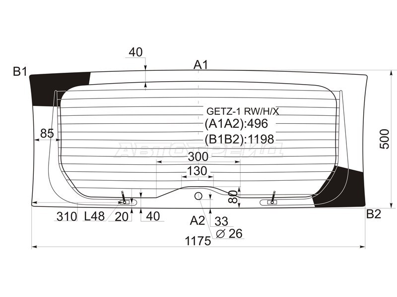 Стекло заднее (Цвет зеленый / Обогрев) Hyundai Getz 02-11  / Click 02-11 (XYG: GETZ-1 RW/H/X)