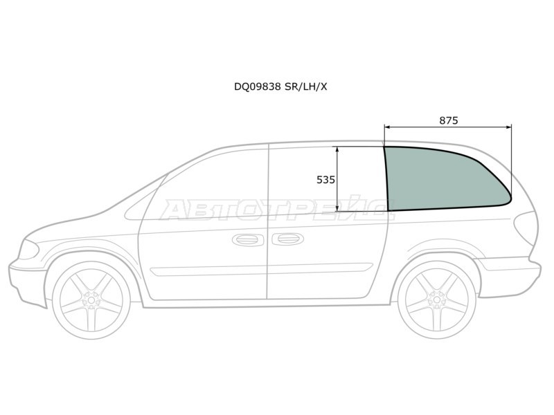 Стекло кузова боковое (не опускное) (Справа / Цвет зеленый) Chrysler Town&Country 95-07  / Voyager 00-07  / Dodge Caravan 00-07 (XYG: DQ09838 SR/LH/X)