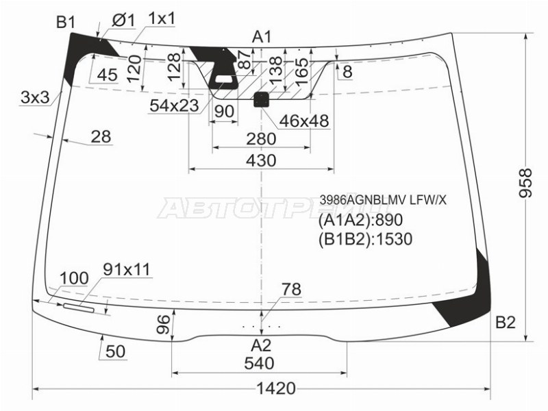 Стекло лобовое (Датчик дождя) Honda Accord 02-08  / Acura TSX 03-08 (XYG: 3986AGNBLMV LFW/X)