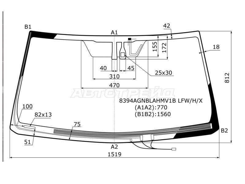 Стекло лобовое (Обогрев щеток / Антенна / Датчик дождя) Toyota Land Cruiser Prado (J150) 09-17  / Lexus GX 09-19 (XYG: 8394AGNBLAHMV1B LFW/H/X)