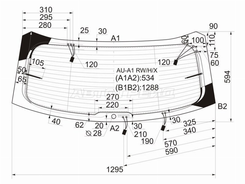 Стекло заднее (Цвет зеленый / Обогрев / Антенна) Audi A1 10-18 (XYG: AU-A1 RW/H/X)