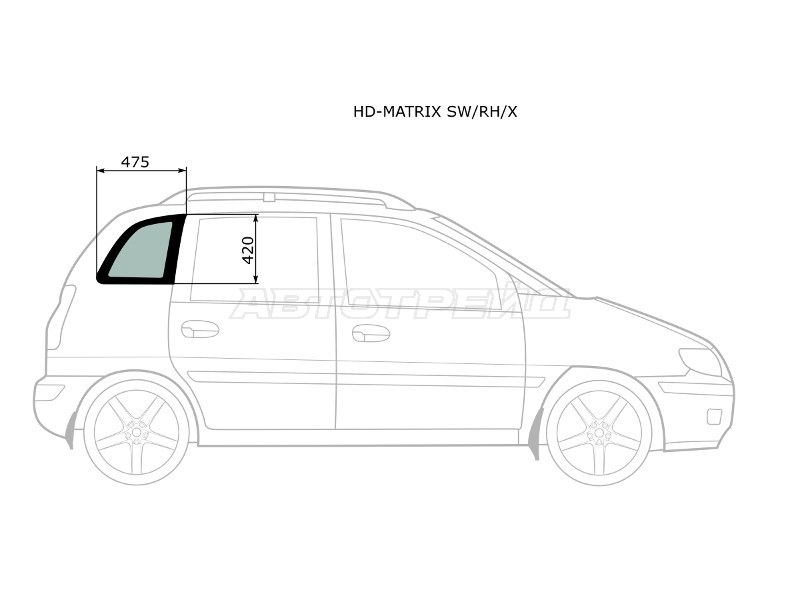 Стекло кузова боковое (не опускное) (Справа / Цвет зеленый) Hyundai Lavita 01-07  / Matrix 01-10 (XYG: HD-MATRIX SW/RH/X)