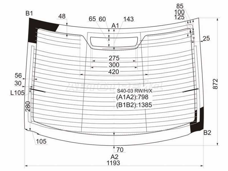 Стекло заднее (Цвет зеленый / Обогрев / Антенна) Volvo S40 04-12 (XYG: S40-03 RW/H/X)