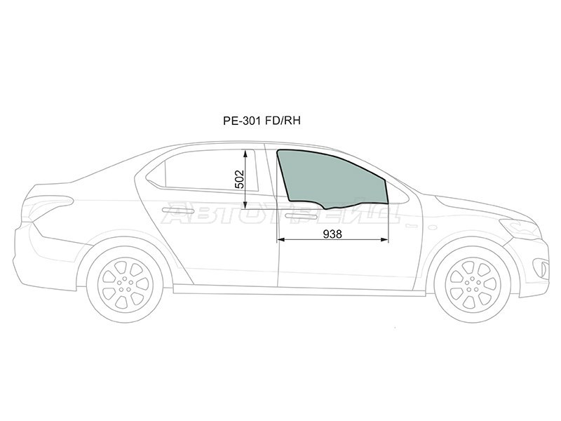 Стекло боковое опускное (Спереди / Справа / Цвет зеленый) Citroen C-Elysee 12-  / Peugeot 301 13- (XYG: PE-301 FD/RH)