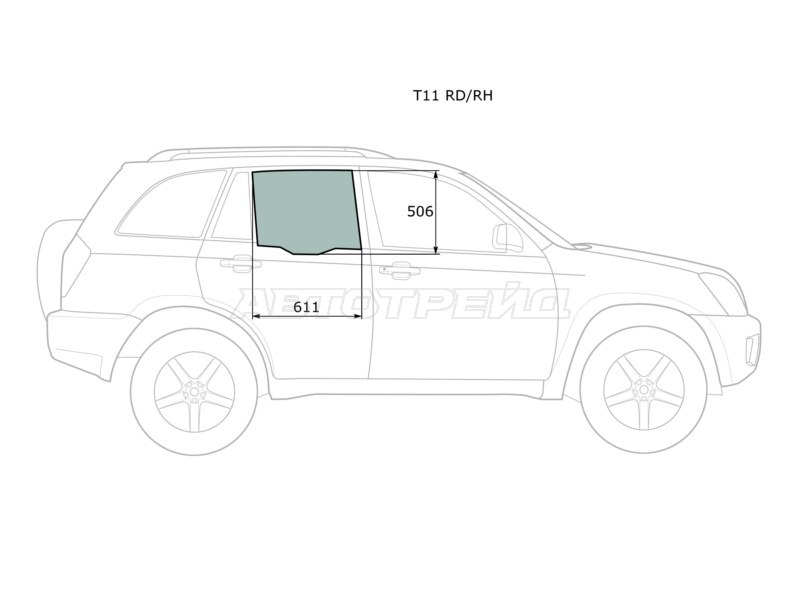 Стекло боковое опускное (Сзади / Справа / Цвет зеленый) Chery Tiggo T11 05-16  / Vortex Tingo 10-14 (XYG: T11 RD/RH)