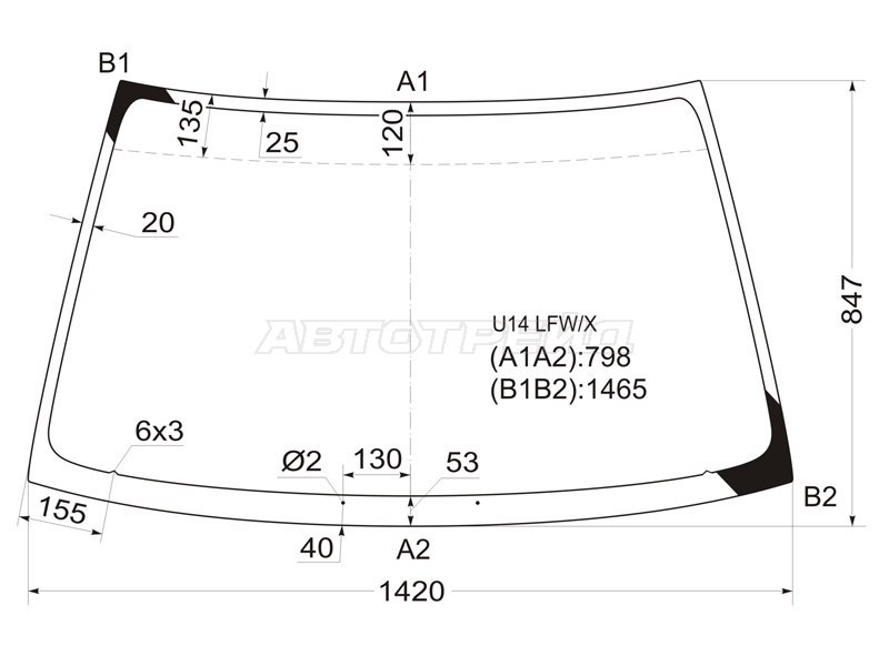 Стекло лобовое (Сборка Европа) Nissan Primera 95-02  / Infiniti G20 99-02  / Nissan Bluebird 96-01  / Primera Camino 95-97 (XYG: U14 LFW/X)