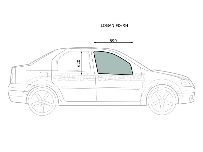 Стекло боковое опускное (Спереди / Справа / Цвет зеленый) Renault Logan 04-  / Sandero 14-  / Dacia Logan 04-19  / Logan Mcv 08-12  / Sandero 12-19  / Sandero Stepway 12-19  / LADA Largus 12-  / Largus Cross 14-22  / Renault Logan Stepway 18-  / Sandero Stepway 14-2 (XYG: LOGAN FD/RH)