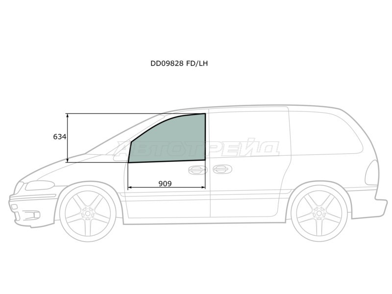 Стекло боковое опускное (Спереди / Слева / Цвет зеленый) Chrysler Town&Country 95-07  / Voyager 95-07  / Dodge Caravan 96-07 (XYG: DD09828 FD/LH)