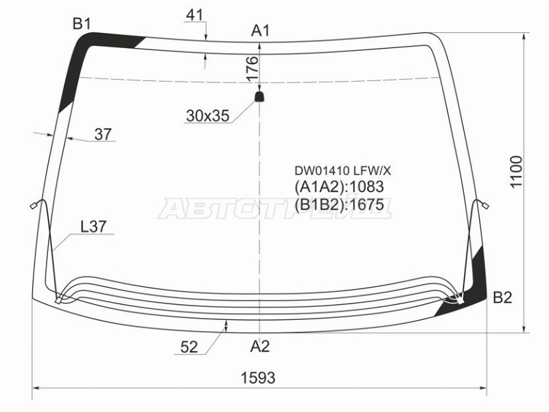 Стекло лобовое (Обогрев щеток) Chrysler Town&Country 95-07  / Voyager 95-07  / Dodge Caravan 96-07 (XYG: DW01410 LFW/H/X)