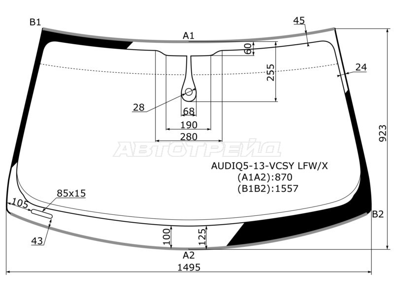 Стекло лобовое (Датчик дождя / Молдинг) Audi Q5 12-17 (XYG: AUDIQ5-13-VCSY LFW/X)
