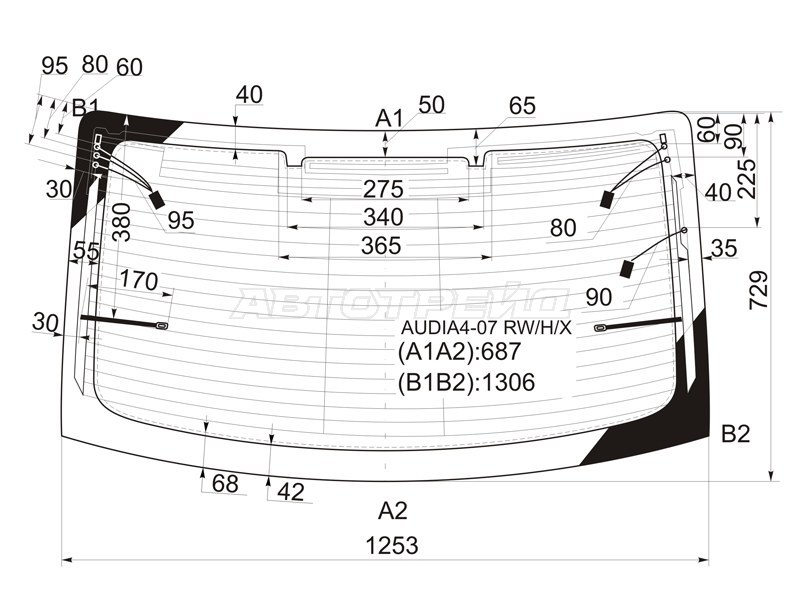 Стекло заднее (Цвет зеленый / Обогрев / Антенна) Audi A4 08-15  / S4 08-16 (XYG: AUDIA4-07 RW/H/X)