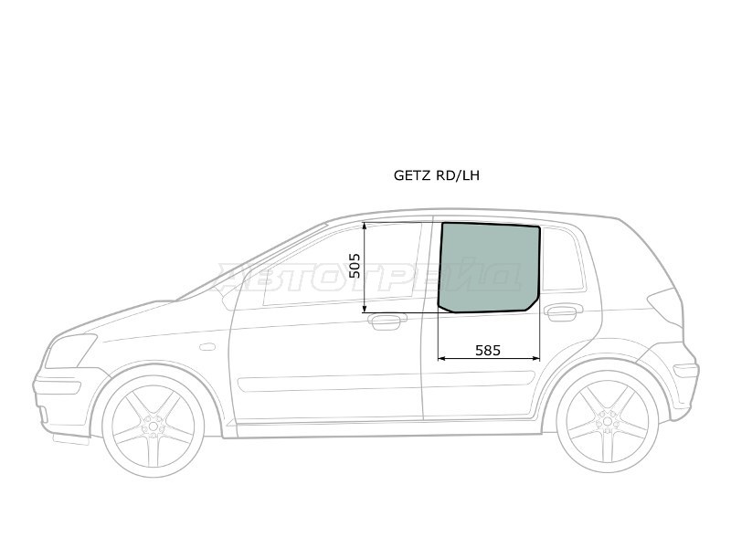 Стекло боковое опускное (Сзади / Слева / Цвет зеленый) Hyundai Getz 02-11  / Click 02-11 (XYG: GETZ RD/LH)