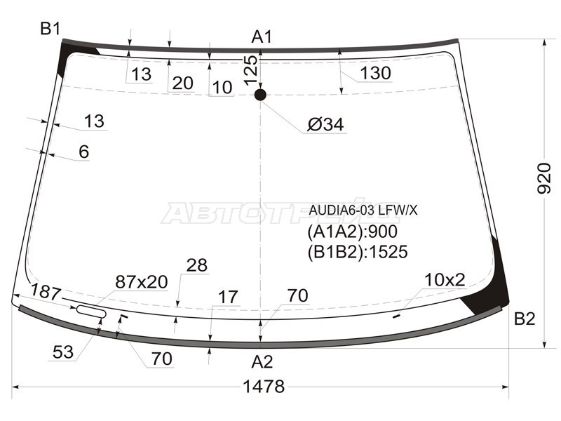Стекло лобовое (Молдинг) Audi A6 01-05  / RS6 02-06  / S6 99-04 (XYG: AUDIA6-03 LFW/X)