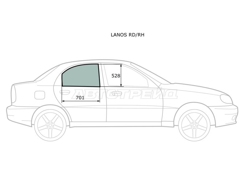 Стекло боковое опускное (Сзади / Справа / Цвет зеленый) Chevrolet Lanos 05-09  / Daewoo Lanos 97-08  / ЗАЗ Шанс 05-14 (XYG: LANOS RD/RH)