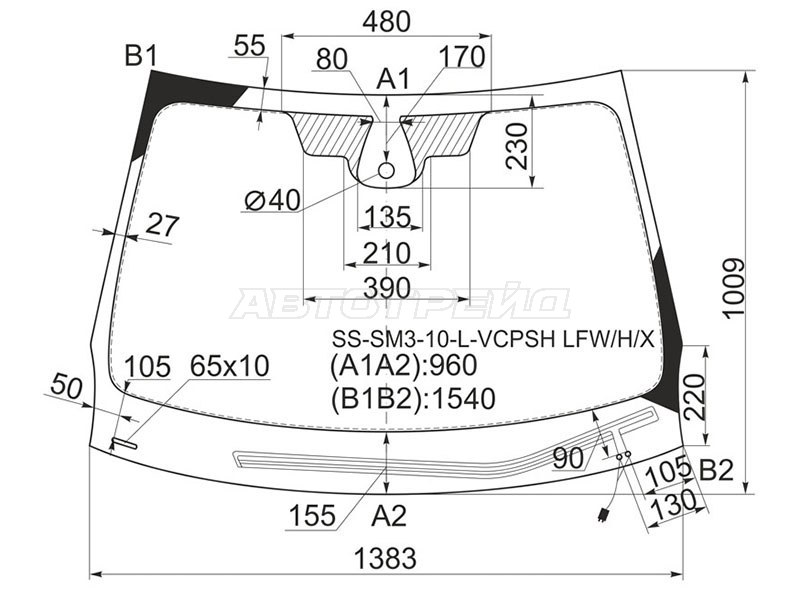 Стекло лобовое (Обогрев щеток / Датчик дождя) Renault Fluence 09-17  / Megane 08-16 (XYG: SS-SM3-10-L-VCPSH LFW/H/X)