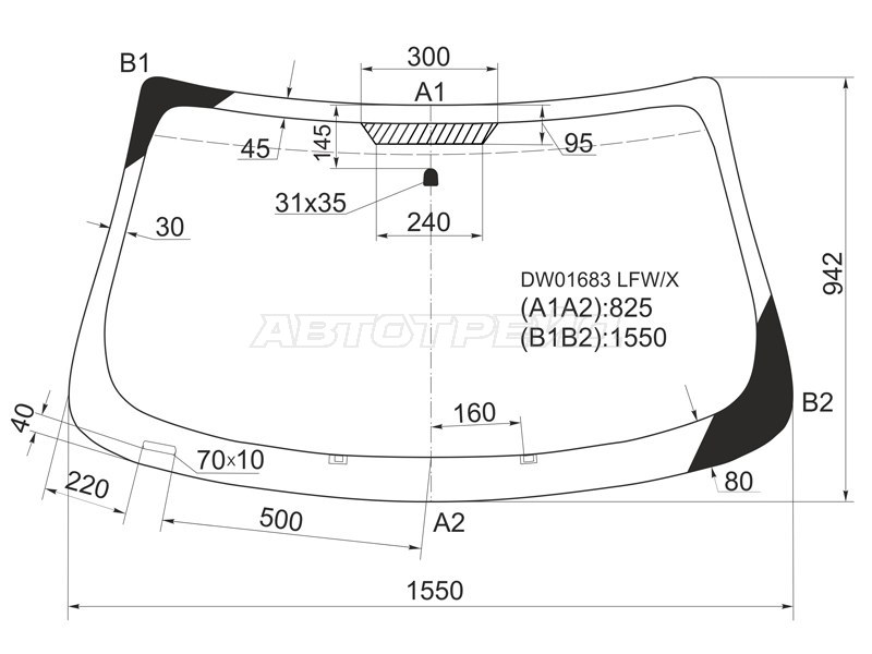 Стекло лобовое Chrysler Sebring 06-10  / Dodge Avenger 07-14 (XYG: DW01683 LFW/X)