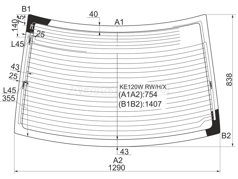 Стекло заднее (Цвет зеленый / Обогрев / Антенна) Toyota Corolla (E120) 00-07  / Corolla JPN (E120) 00-07 (XYG: KE120W RW/H/X)