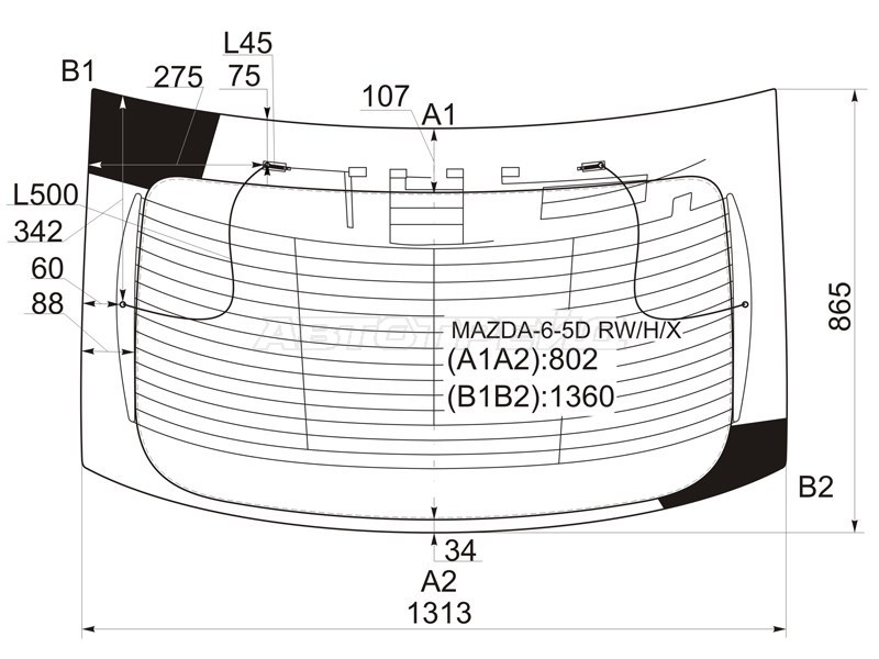 Стекло заднее (Цвет зеленый / Обогрев) Mazda 6 02-08  / Atenza 02-07 (XYG: MAZDA-6-5D RW/H/X)